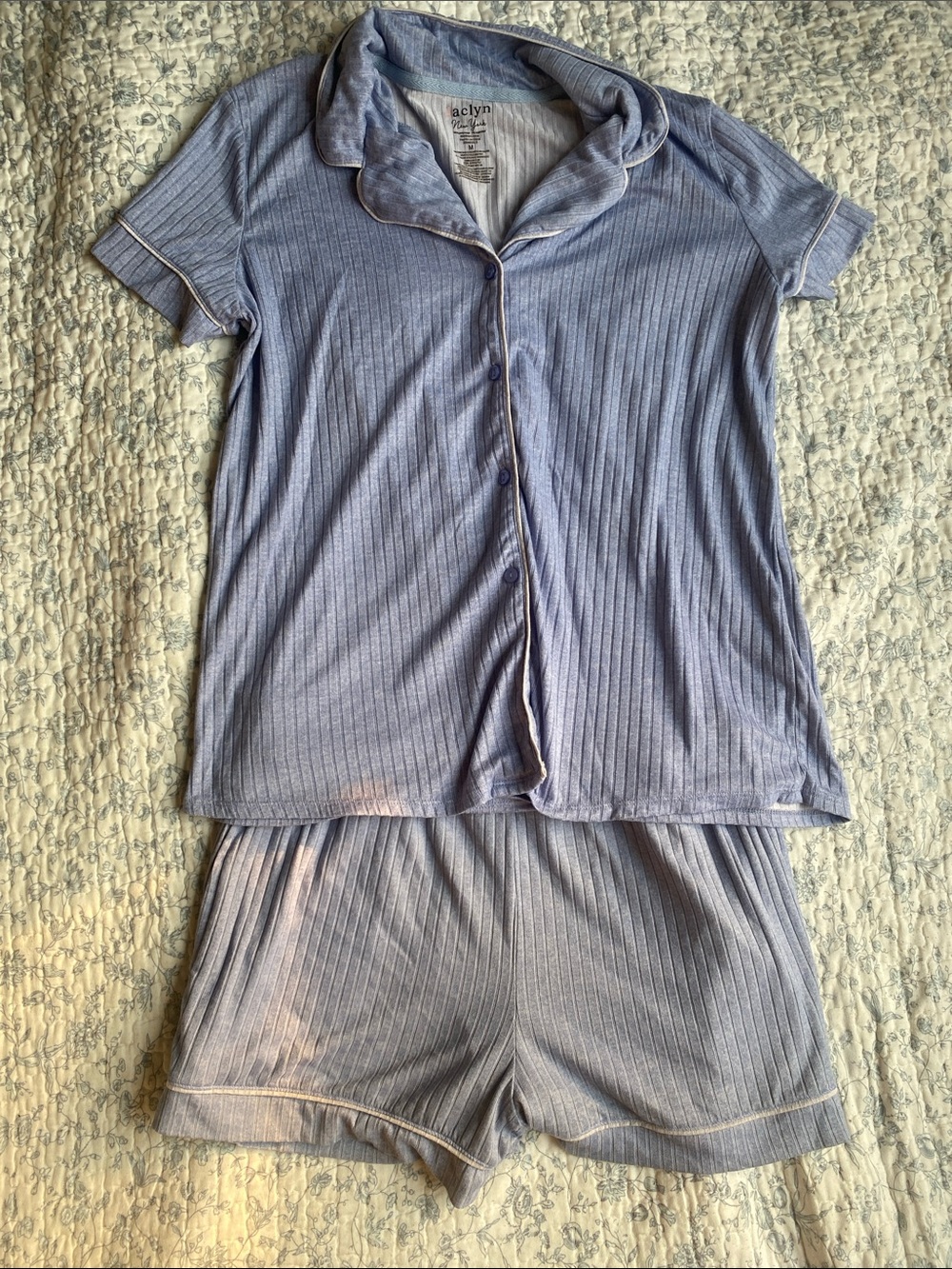 Ribbed Short Sleeve Pajama Set - Light Blue
